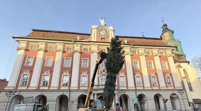 Weihnachtszeit in Bad Windsheim: Ein strahlender Anfang für den Reichsstädtischen Weihnachtsmarkt Ein Autokran stellt vor dem Rathaus Bad Windsheim einen Weichnachtsbaum auf