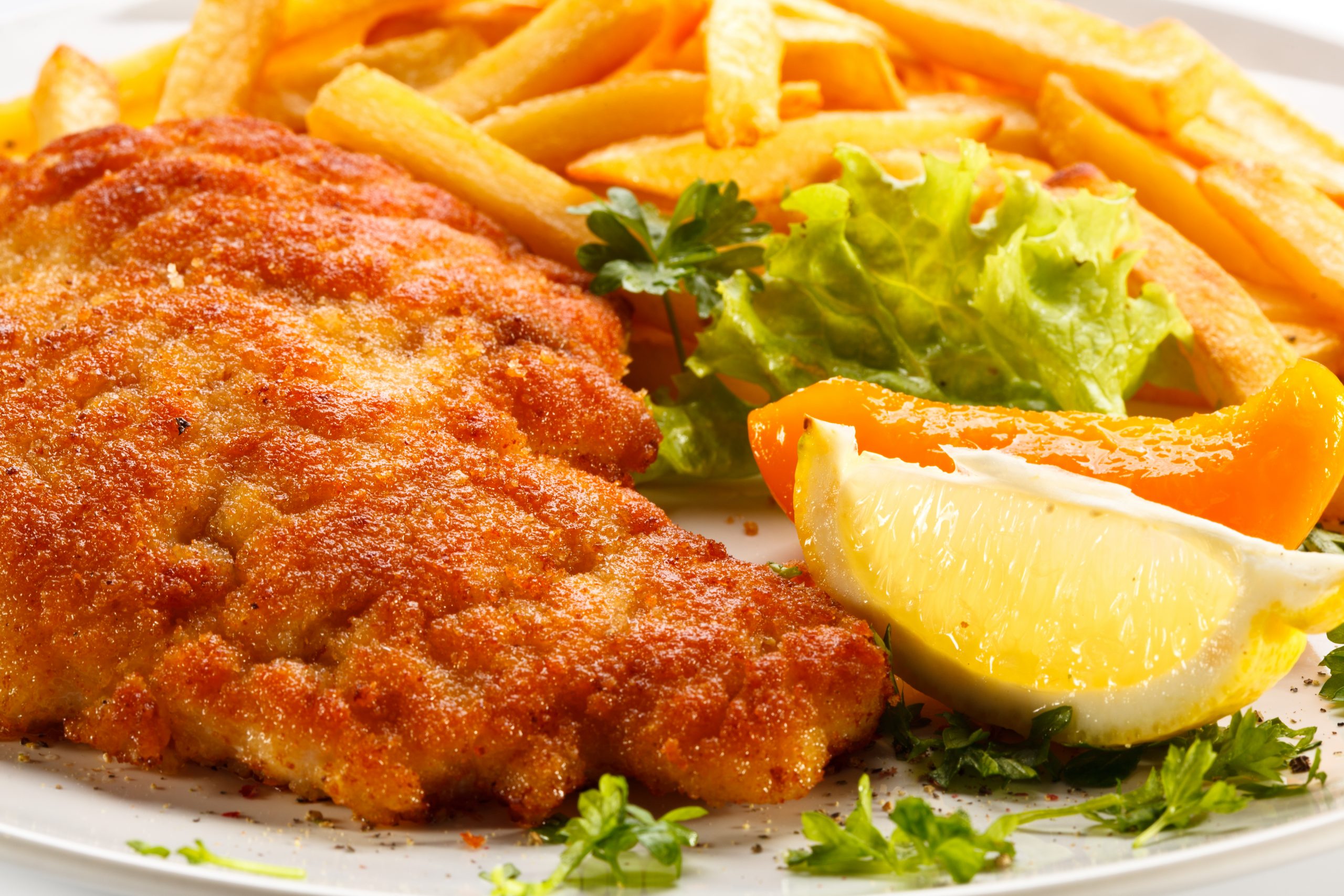 Teller mit einem Schnitzel, Pommes und Zitrone